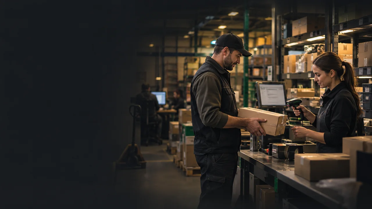 A team checks orders in a warehouse.