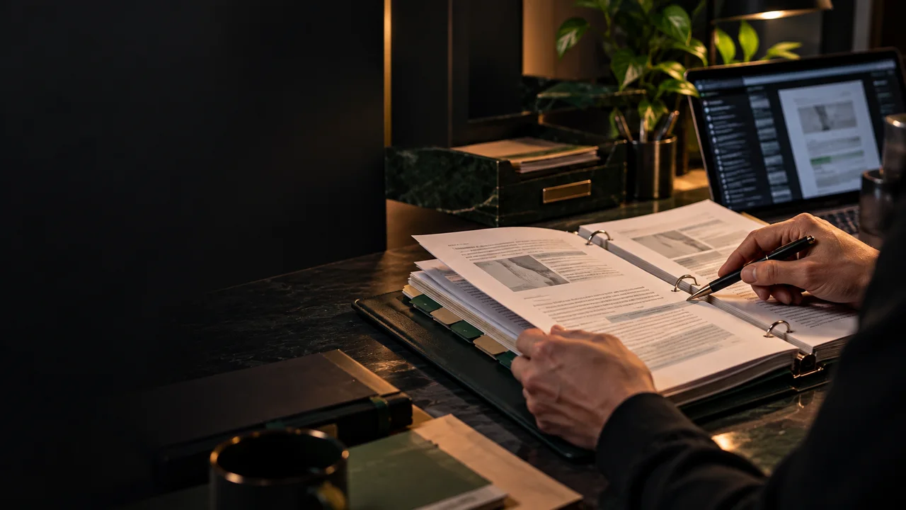 Documents and a digital knowledge source on a desk.