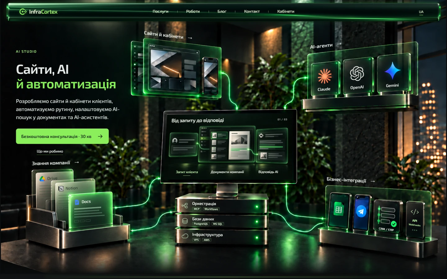 Головна сторінка InfraCortex: власна розробка студії.