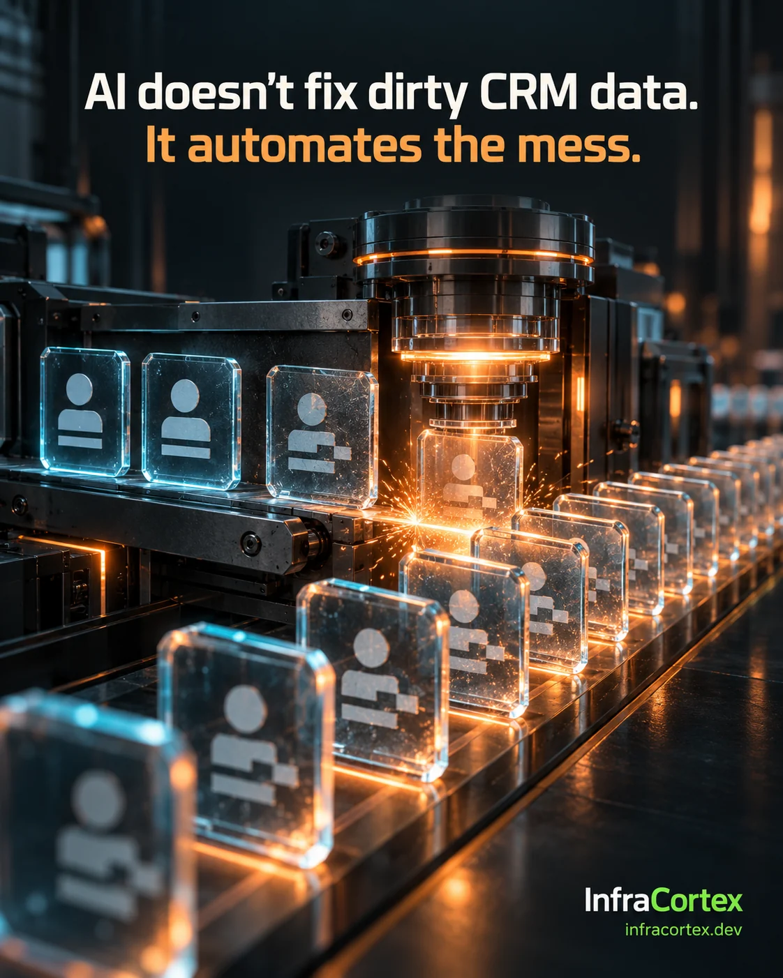 Visual from our LinkedIn post: «AI doesn't fix dirty CRM data. It automates the mess.»