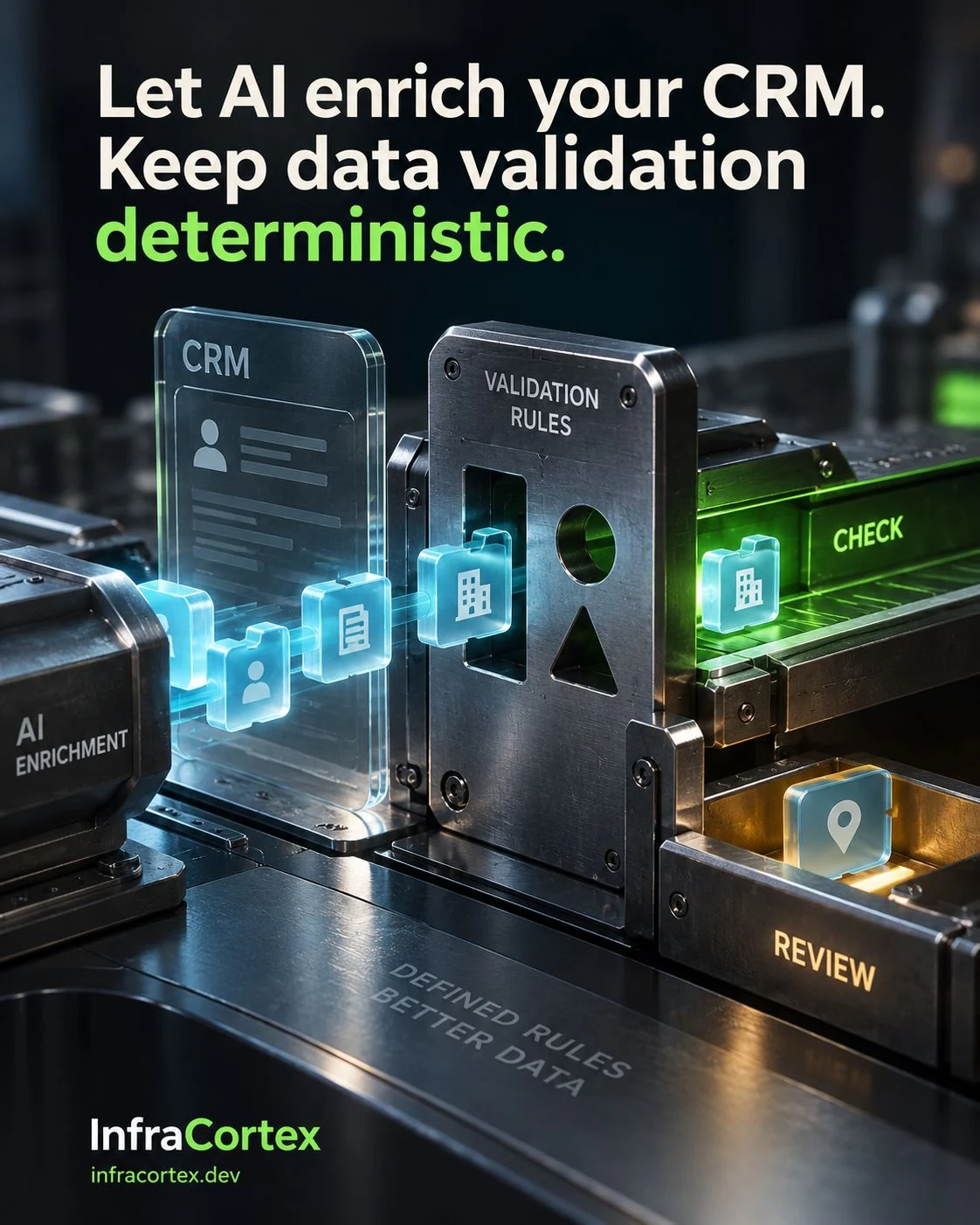 Visual from our LinkedIn post: «Let AI enrich your CRM. Keep data validation deterministic.»