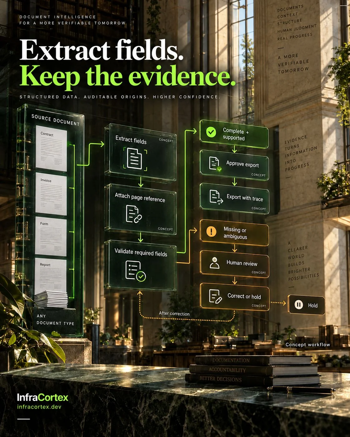 Visual from our LinkedIn post: «Extract fields. Keep the evidence.»