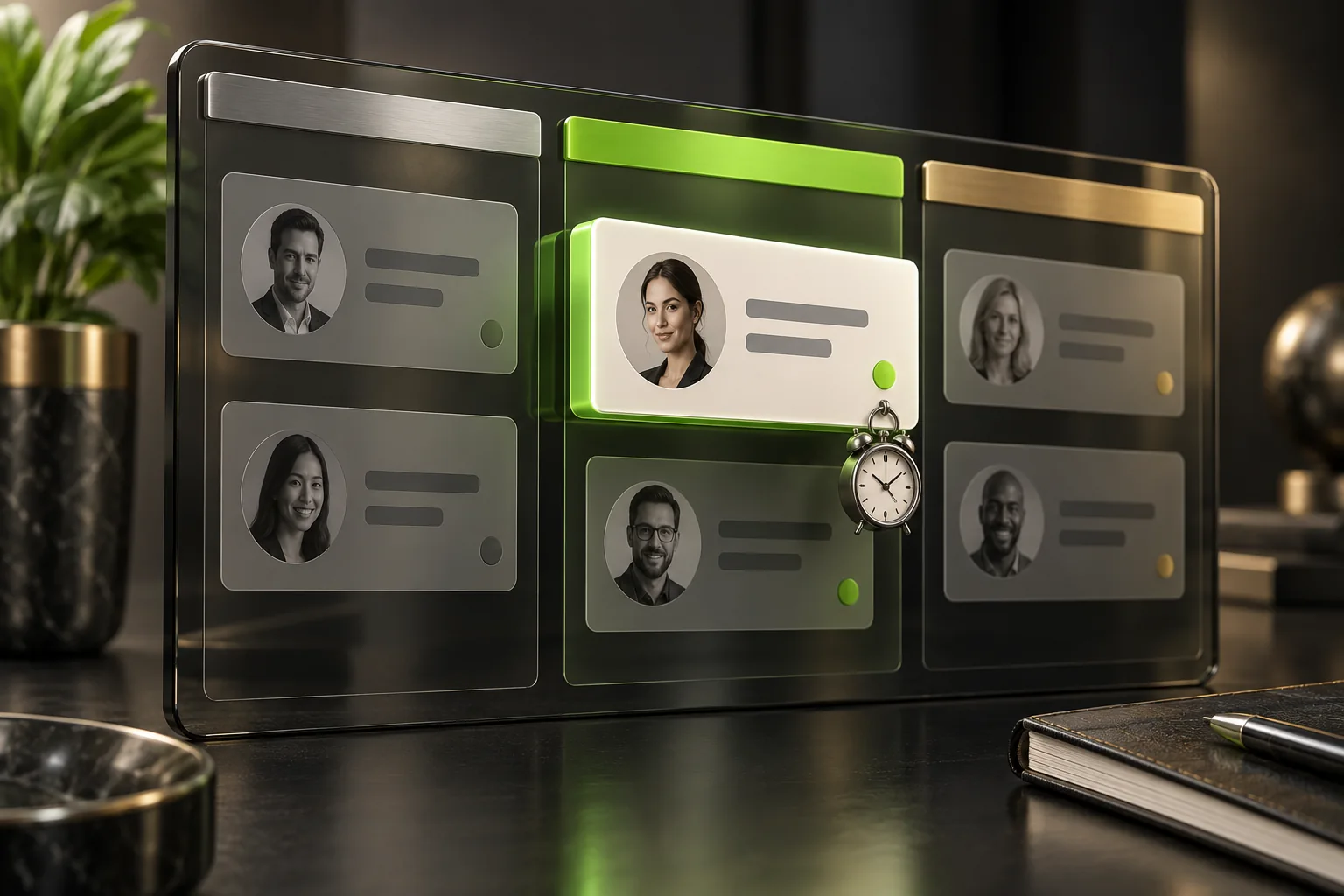 A CRM board with contact cards and a follow-up clock on the selected card.