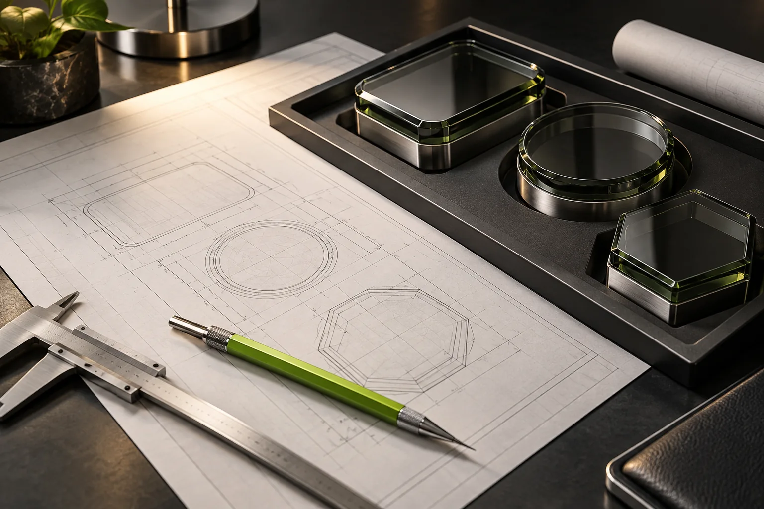 A blueprint, technical pencil and fitted modules for a custom solution.
