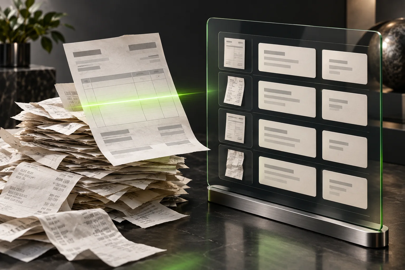 Paper invoices under a scan beam beside an organised records table.