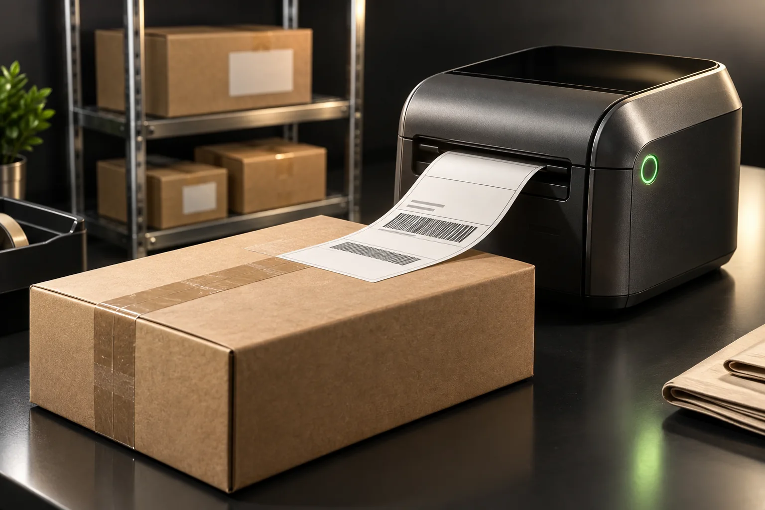 A parcel beside a shipping-label printer and warehouse shelving.