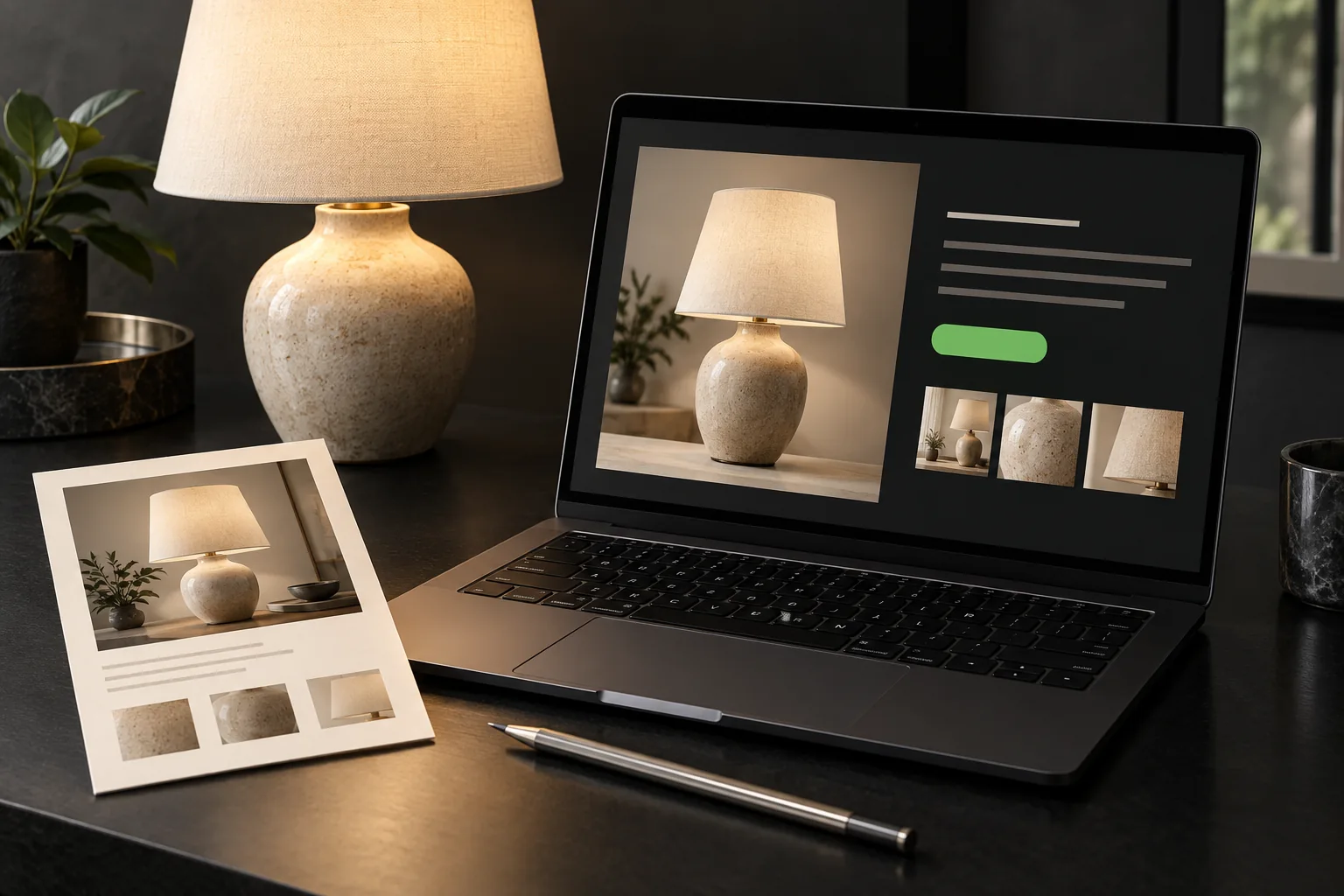 A product, its photo and a laptop displaying a draft product page.