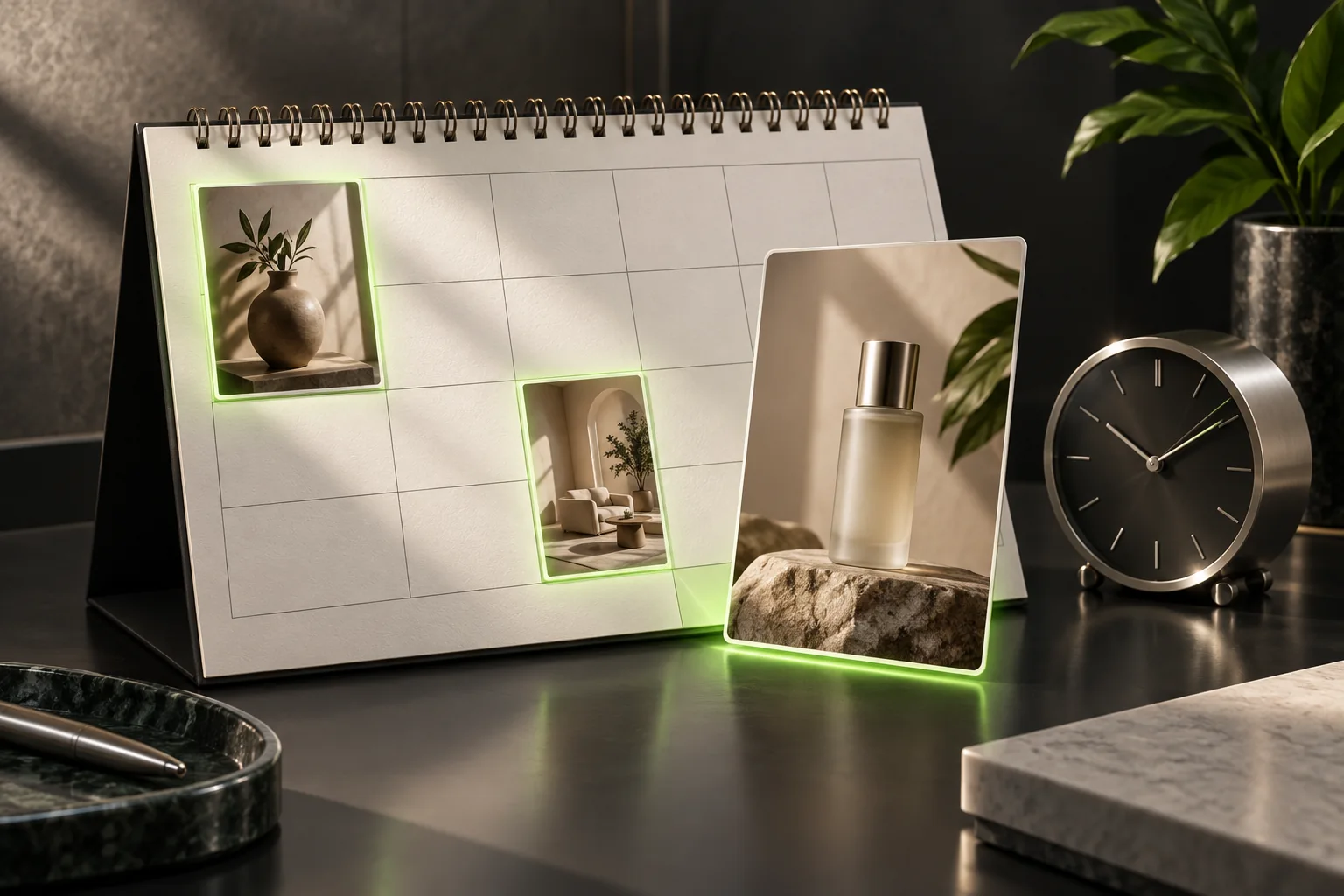A calendar with photo posts and a clock for scheduled publishing.