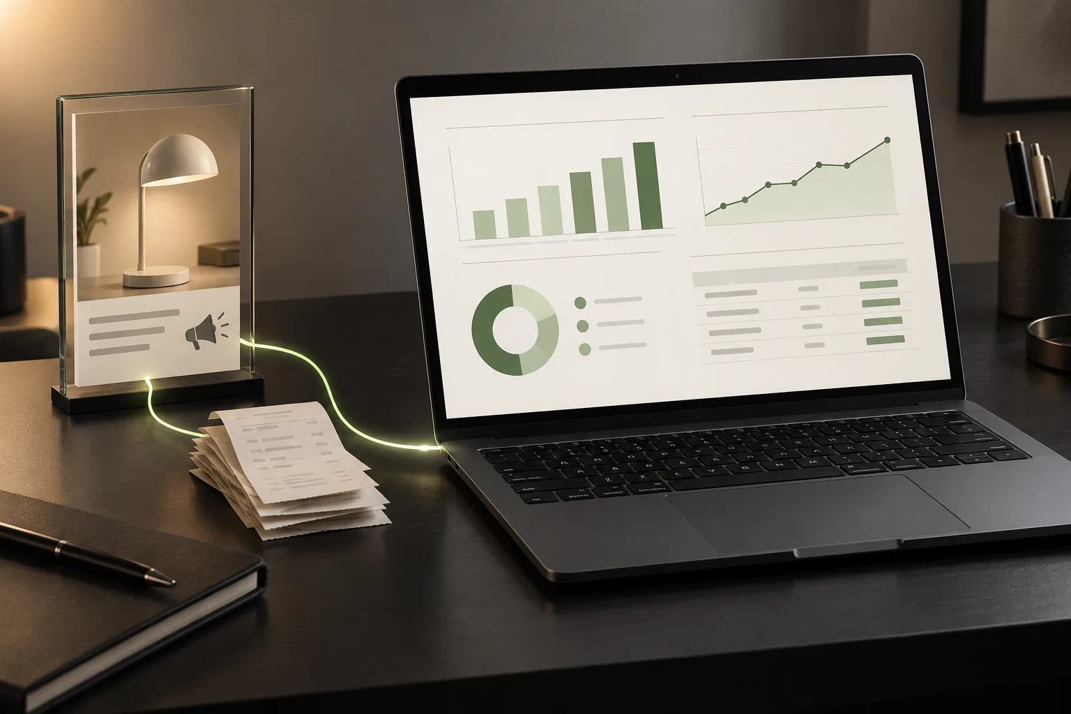 An advertising panel and sales receipts feed a combined report on a laptop.
